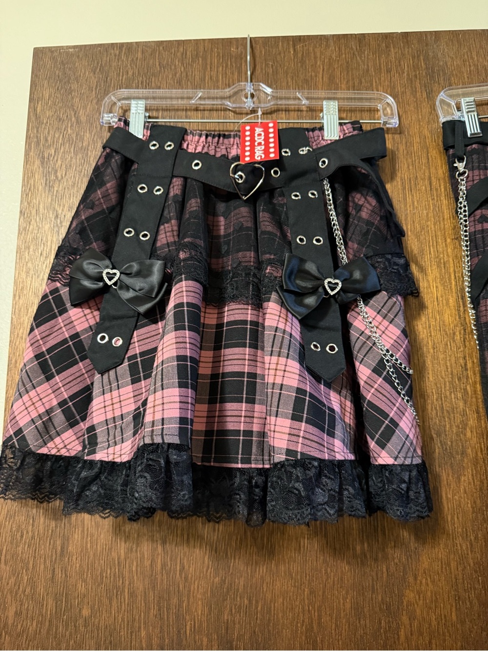 ACDC RAG Pink Plaid Mini Skirt w/Black Lace, Bows & Chains Harajuku Streetwear
